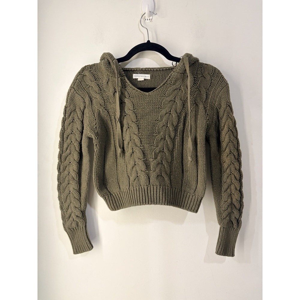 Aeropostale XS Olive Cable‎ Knit Hooded Crop Sweater Cottagecore Boho